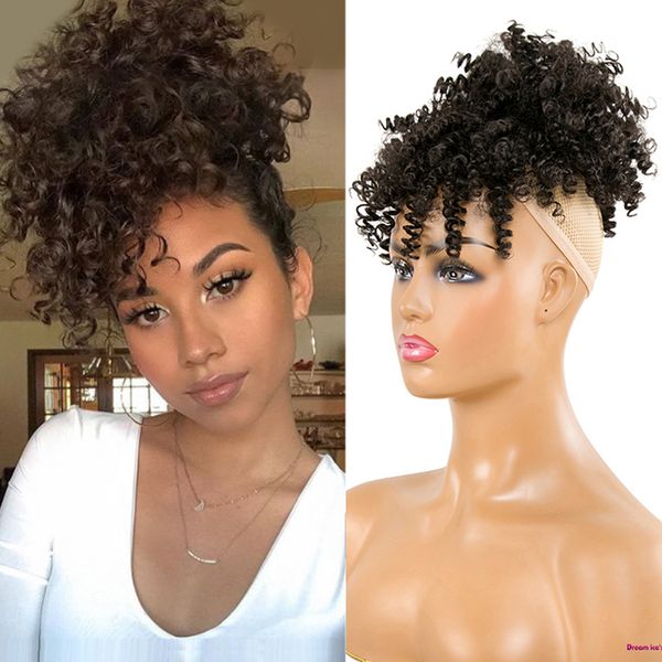 

8 дюймов кулиской high puff afro kinky завитые хвост с челкой шиньон короткие wrap синтетический конский хвост наращивание волос для женщин, Black