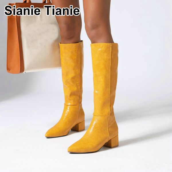 

sianie tianie snake skin pu leather yellow woman boots pointed toe chunky high heels women knee high boots big size 46 47, Black