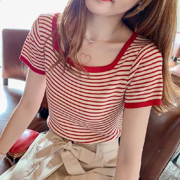 

ins square collar short striped stretch short-sleeved female 2020 slim ins square collar t-shirt short striped stretch short-sleeved t-s, White