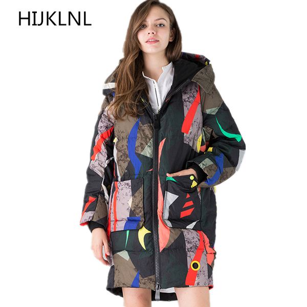 

2018 new women's winter down jacket long camouflage printed hooded outer thick warm 100% white duck down coat tq369, Black