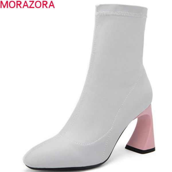 

morazora 2020 new arrival women ankle boots round toe slip on autumn winter stretch boots unique high heels shoes ladies, Black