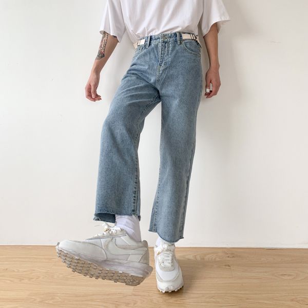 

male japan korea streetwear hip hop vintage fashion jeans pant men broken hem casual straight ankle length denim pants, Blue