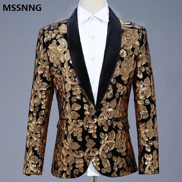 

mssnng men shawl lapel blazer designs plus size 5xl black velvet gold flowers sequins suit jacket dj club stage singer clothes, White;black