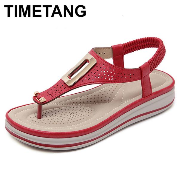 

timetangsummer platform flip flops women solid color beach sandals soft leather comfortable low heels flats shoes metal big size cj191128, Black