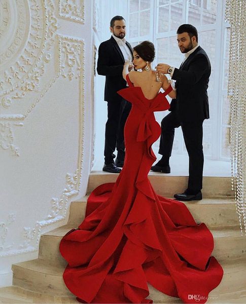 

mermaid portrait fabulous prom dresses off shoulder big bow zipper backless celebrity party gowns dubai satin chapel train evening dres, Black;red