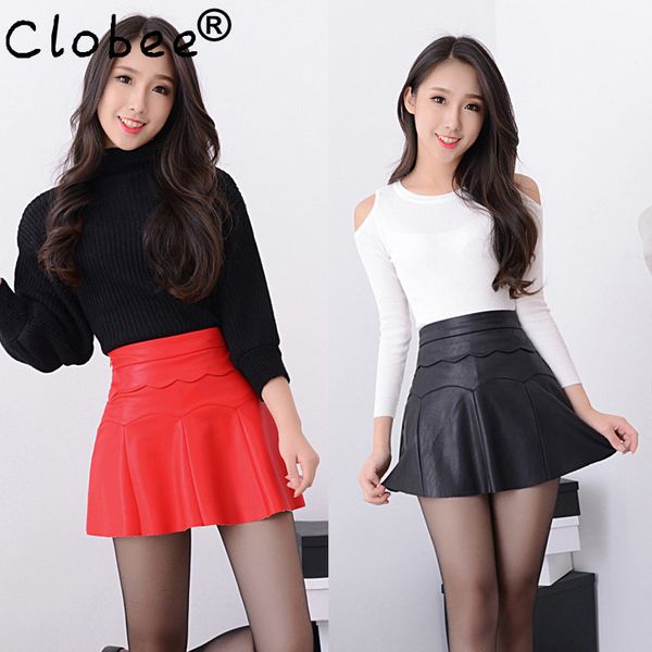 

new 2020 russia fashion black red leather skirt women vintage high waist pleated skirt female short skirts, Black;gray