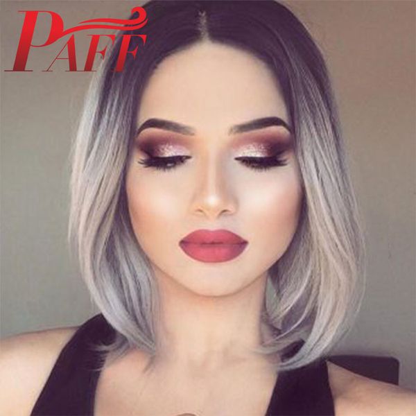 Acheter Paff Ombre Gris Dentelle Avant Perruques De Cheveux Humains Avec Racines Noires Gris Dentelle Frontale Court Bob Coupe Perruques Pour Femmes