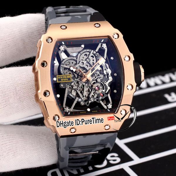 

new rm35-02 skeleton dial miyota automatic mens watch rose gold black skeleton dial black gray camouflage rubber strap 035-02 puretime 137a1, Slivery;brown