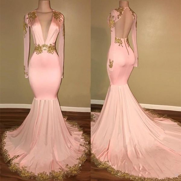 

pink gold mermaid prom dresses plunging v neck open back evening wear long sleeves vestidos party gowns custom size, Black