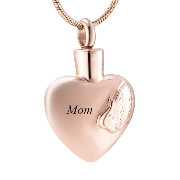 

ijd9917 rose gold heart with wing stainless steel cremation pendant ashes urn for custom engraved memorial souvenir necklace jewelry, Silver