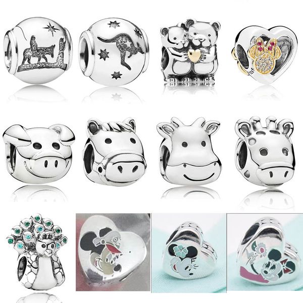 

2019 new 100% 925 sterling silver pandora heart shaped cute animal pig cow horse deer charm fit diy bracelet fashion original jewelry, Black