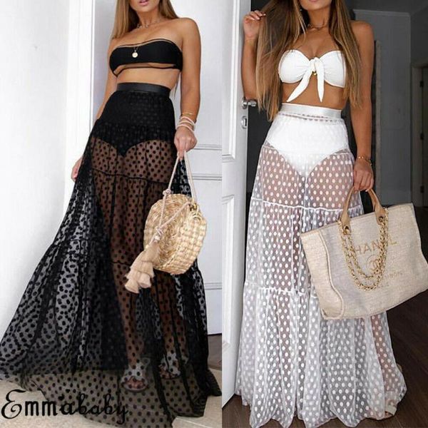 

women summer beach vacation swim wear bikini cover up sheer casual tulle tutu long polka dot elastic skirt, Black