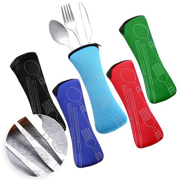 

3pcs/set portable stainless steel cutlery set dinner tableware set flower painting fork tableware case kit for camping