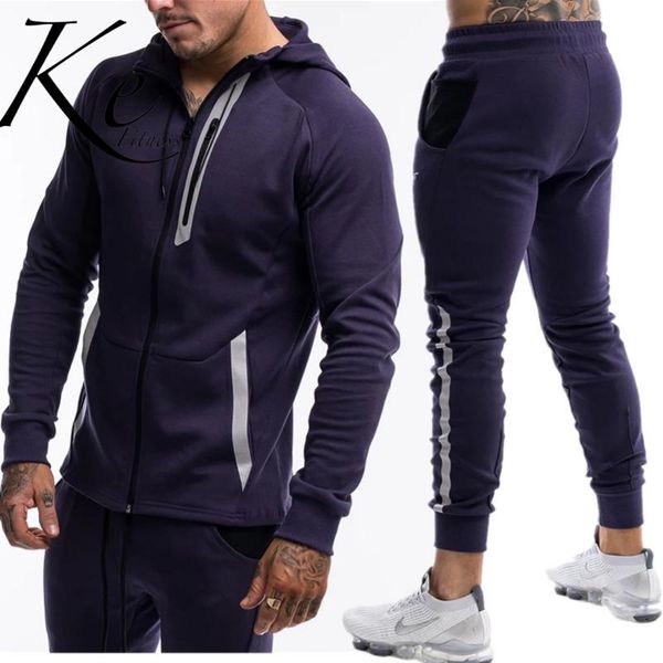

ke new 2020 2020 autumn and winter men's cotton reflective strip sportswear youth casual zipper fitness running two-piece suit, White;black