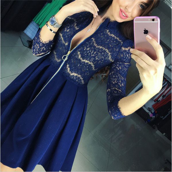 

bkld lace bodycon dress womens winter zipper front slim deep v neck elegant vintage ball gown dresses, Black;pink