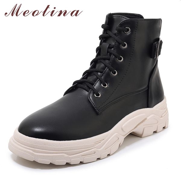 

meotina winter ankle boots women boots lace up flat platform short pu leather round toe shoes ladies autumn plus size 3-12, Black