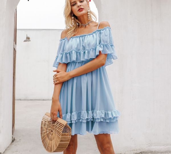 

elegant ruffle off shoulder women dress spaghetti strap chiffon summer dresses casual holiday female pink short sundress, Black;gray