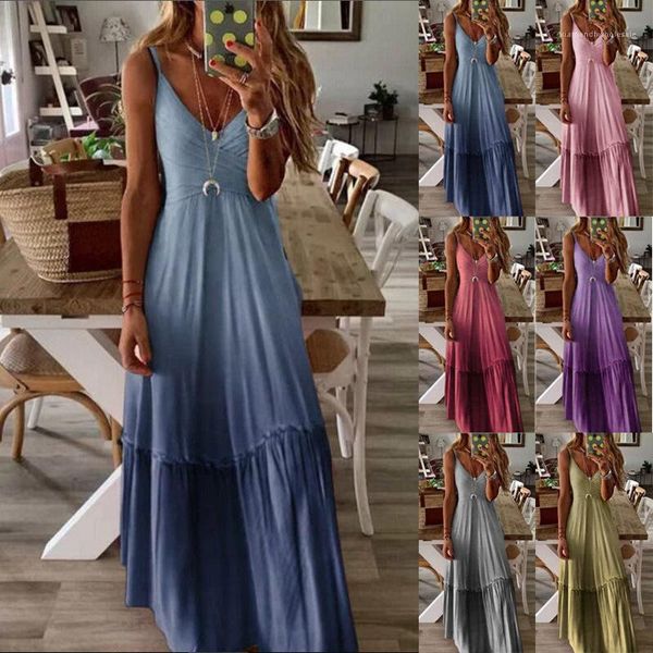 

america womens designer dress loose-fit v-neck gradient color strapped dress 2020 summer new style europe and, Black;gray
