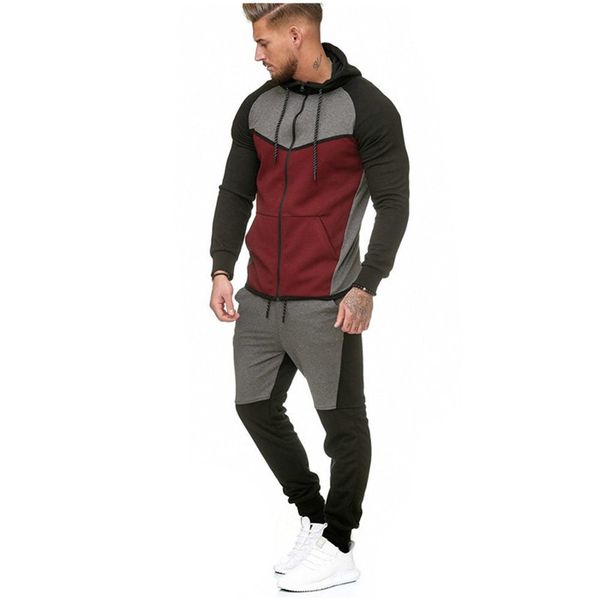 

mens panelled hoodies tracksuit hooded zipper long sleeve sweatshirt loose trousers male casual 2pcs sport suit, Gray
