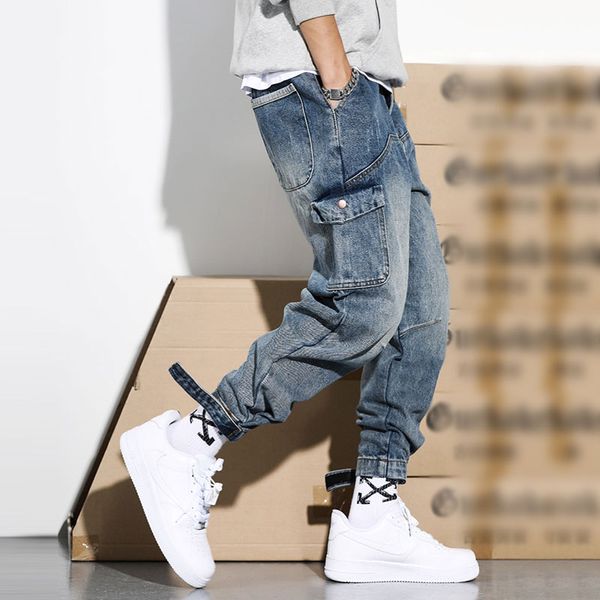 

japanese style fashion men jeans retro blue loose fit cargo pants harem trousers streetwear hip hop jeans men