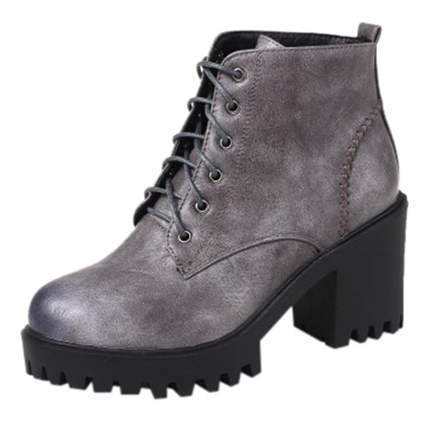 

autumn round toe motorcycle boots Â female fashion lace-up leather short booties autumn winter women waterproof platform shoes, Black