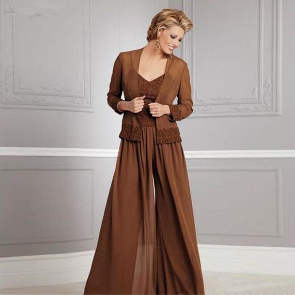 

Vintage Chiffon Pants Suits For Mother Of The Bride V Neckline Spaghetti Party Evening For Wedding Mothers Guest Dress With Jacket
