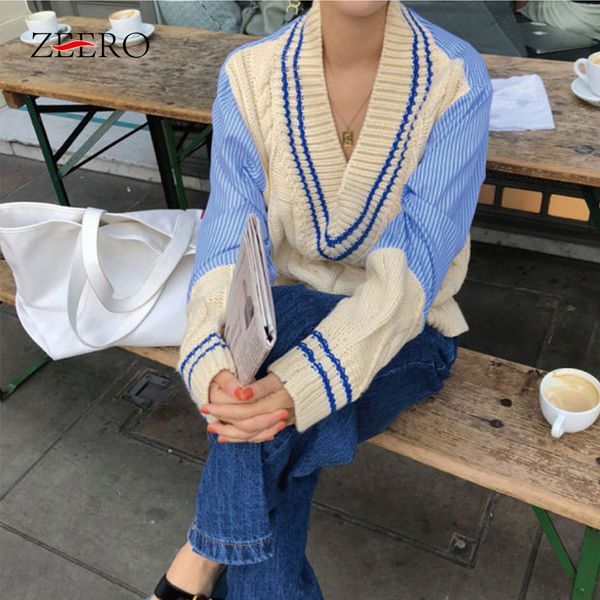 

women v neck long sleeve striped sweaters 2019 autumn female casual blue knitted loose pullovers winter clothes korean, White;black