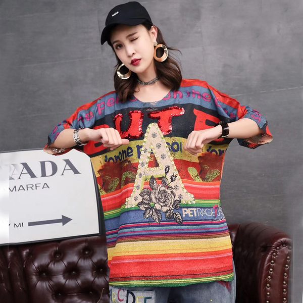 

hip hop style cartoon printed knitted stripe pullover 2020 summer korea fashion sequins loose bronzing sweater tide, White;black