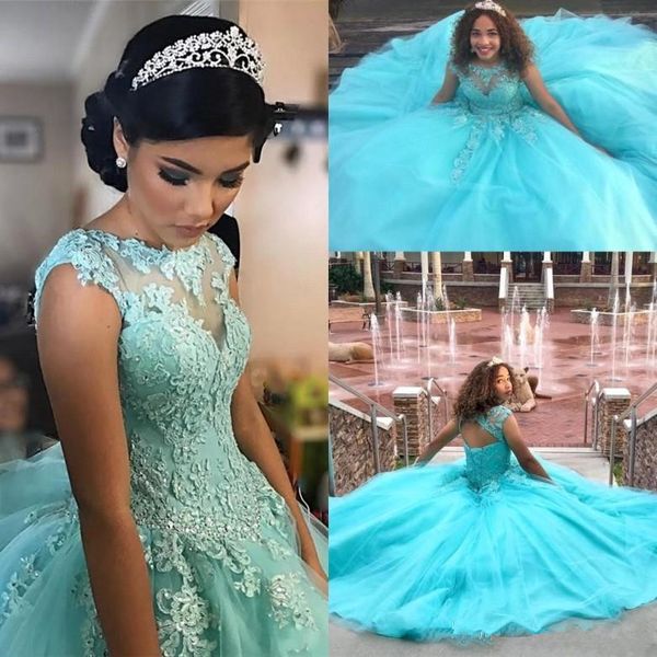 

turquoise cap sleeves lace ball gown quinceanera dresses 2020 tulle appliques beaded sweep train prom evening formal party gowns bc3668, Blue;red