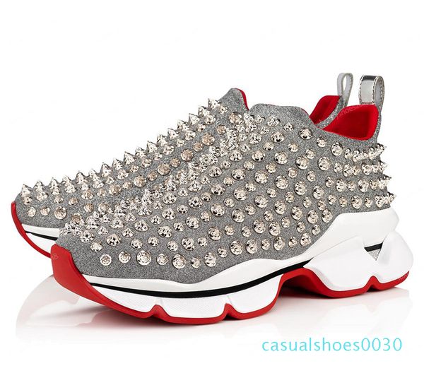 

men and women shoes red bottom sole sneakers party wedding shoes leather high studded spikes rhinestone shoes sneaker 1 c30, Black