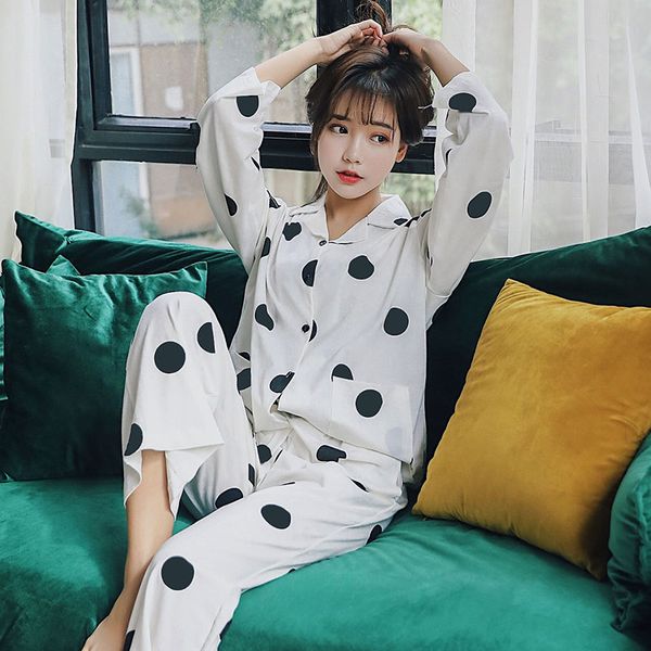 

polka dot cotton pijamas women set 2019 spring sleepwear long pyjamas for women new arrival set clothing phoentin fg008, Blue;gray