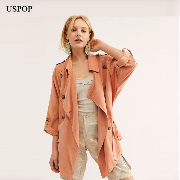 

uspop 2019 new women trench turn-down color trench solid color nine quarter wide-waisted coat, Tan;black