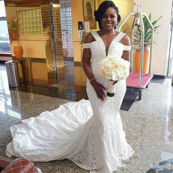 

south african mermaid wedding dresses long off the shoulder pearls v neck bridal gowns plus size full lace wedding dress, White