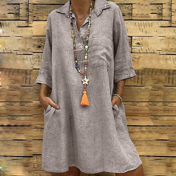 

winter women dresses girl solid dress boho turn-down collar casual pocket female button dress solid casual, Black;gray