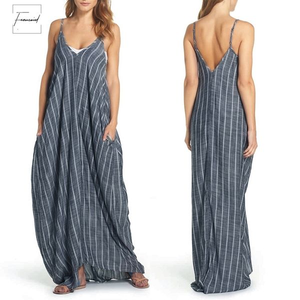 

summer dress beach 2019 women v neck maxi dresses sleeveless striped sundress vestidos robe femme plus size 5xl, Black;gray