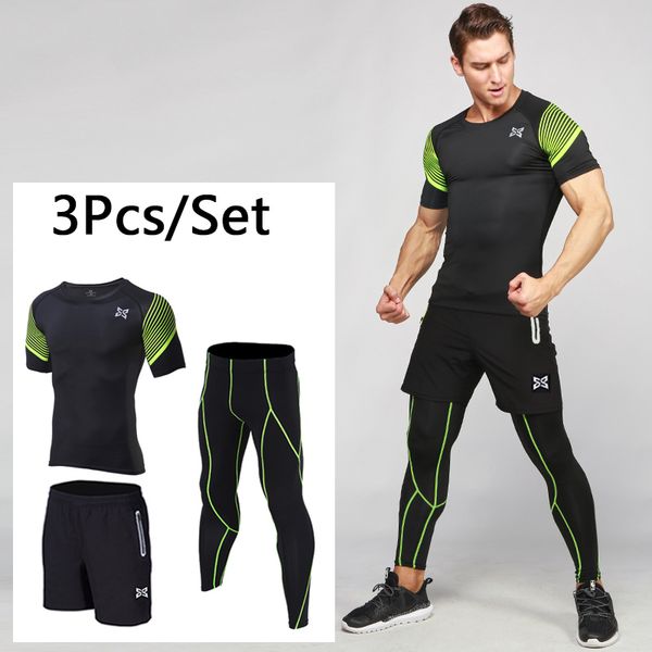 

men bodybuilding clothing 3pcs quick dry reflective running set compression tights basketball training suit gym kg-293, White;black