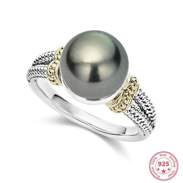 

real s925 sliver pearl diamond ring for women luxury bizuteria wedding anillos de z gemstone 925 grey pearl ring jewelry box, Golden;silver