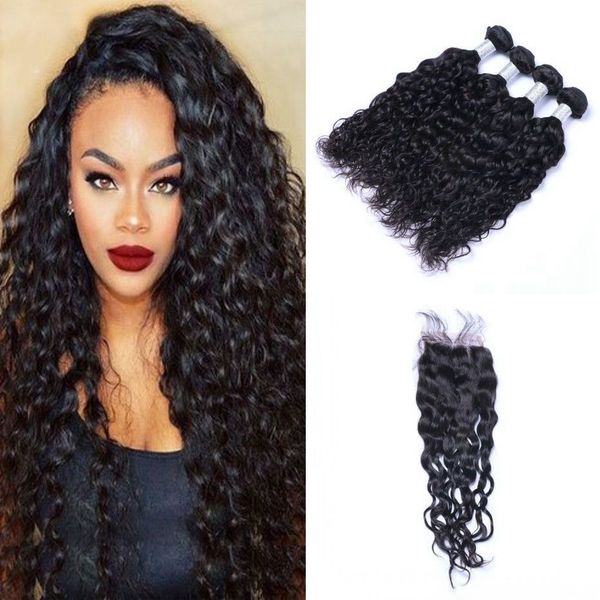 

cambodian virgin hair water wave lace closure with bundles natural color human hair weft 4 bundles with closure, Black;brown