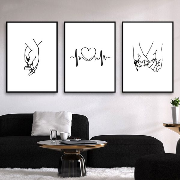 Acheter Nordique Dessin Au Trait Peinture Coeur Tenant Les Mains Sur Toile Affiche Imprime Moderne Abstrait Mur Art Photos Pour La Décoration