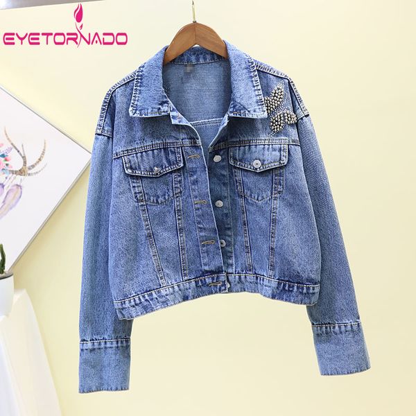 

boyfriend women jean jacket butterfly shape beadings short jean jackets harajuku casual loose oversized cowboy coat outwear, Black;brown