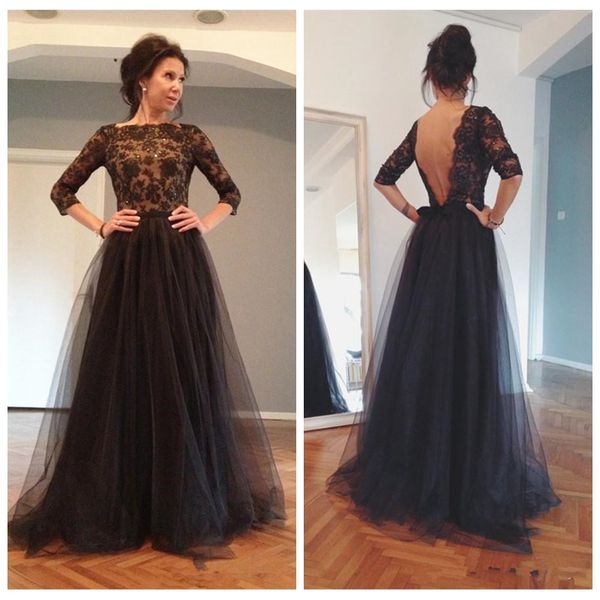 

2019 half sleeves a-line prom dresses lace appliques tulle skirt modest evening party gowns formal vestidos de soiree custom special gowns, Black