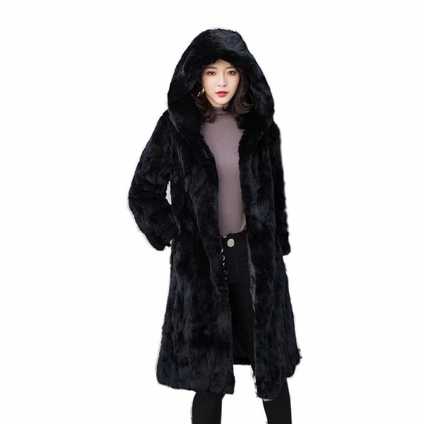 

fur jacket 2020 winter women rex hooded natural fur coat loose plus size 4xl thicken warm luxury jacket, Black
