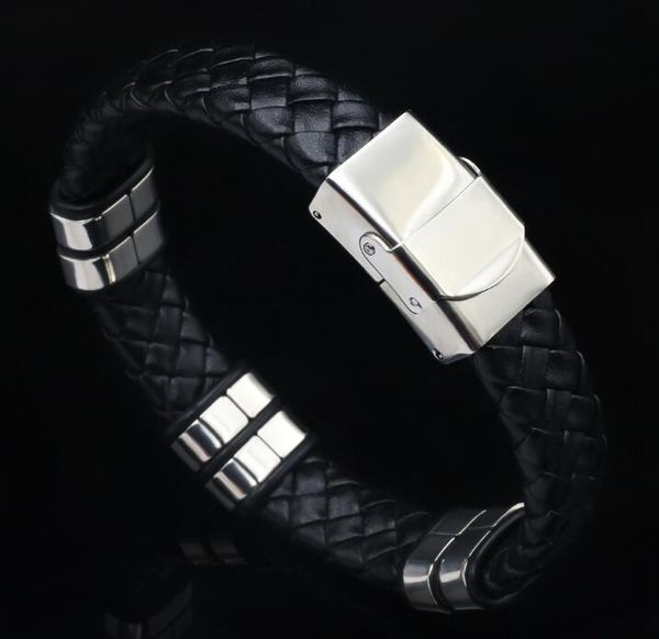 

men's bracelet black woven leather bracelet stainless steel charm bracelet wy605