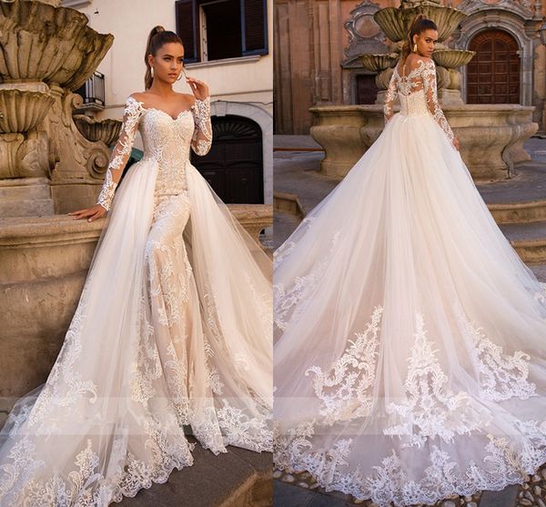 

luxury champagne long sleeves mermaid wedding dress with detachable train vintage sweetheart saudi dubai plus size bridal gown, White