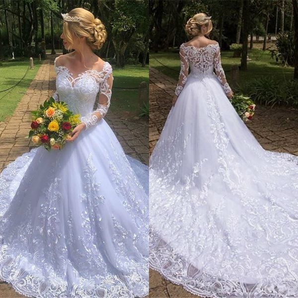 

2020 модест свадебные платья scoop шеи кружева аппликации пляжные свадебные платья с длинными рукавами плюс размер африканский a-line свадеб, White