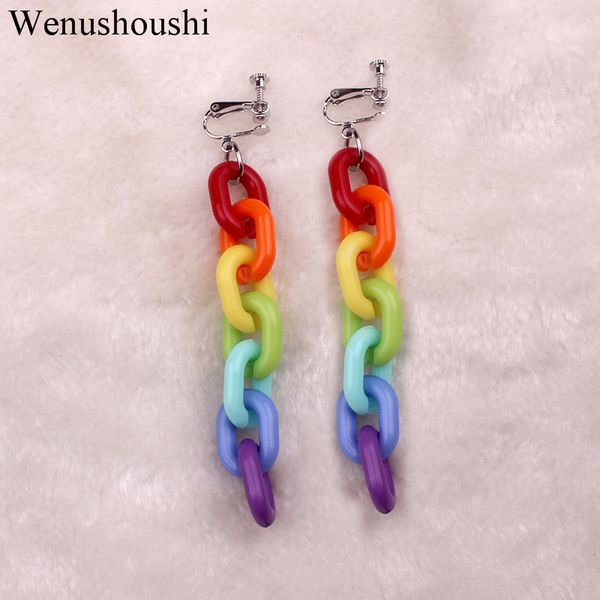 

without piercing creative 7 color rainbow acrylic chains clip on earrings women trendy plastic chains clip earring brincos di154, Silver