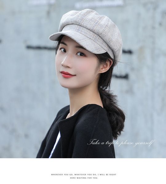 

maxi women's british style checked pumpkin hat visor beret newsboy cap for ladies cotton adjustable joker fashion cap, Blue;gray