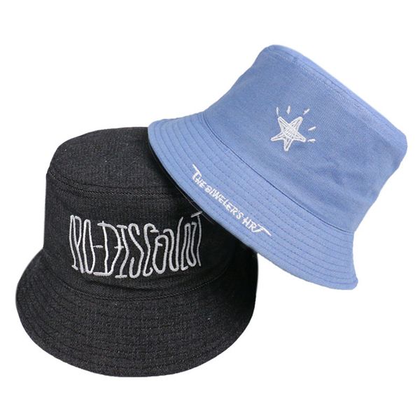 

wide brim hats spring and summer fisherman hat women's vintage denim trendy letters embroidered five-pointed star uv protection sunbonn, Blue;gray