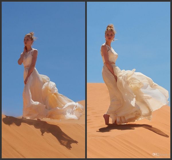 

2019 new two pieces beach wedding dresses jewel neckline lace appliqued bridal gowns a-line floor length chiffon dress for bride, White