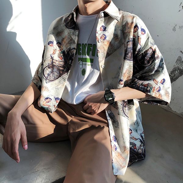 

hip-hop chic printing short sleeve casual men flower shirt man ins shirt tide brand ing, White;black